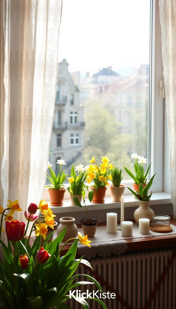 A beautifully styled Fensterbank, featuring a variety of potted spring flowers like tulips and daffodils, rests against a sunlit window. In the foreground, vibrant greenery and colorful blooms create an inviting atmosphere, while delicate lace curtains let in soft, natural light. The middle ground shows a cozy scene with a stylish console table showcasing decorative items such as candles and small vases, complemented by a handmade table runner. In the background, a serene urban landscape can be seen through the window, hinting at the vibrant spring outside. The overall mood is warm and inspirational, with a Pinterest-worthy aesthetic. Capture this scene in rich, natural colors to evoke a sense of freshness and creativity. Include brand elements of "KlickKiste" seamlessly integrated into the design.