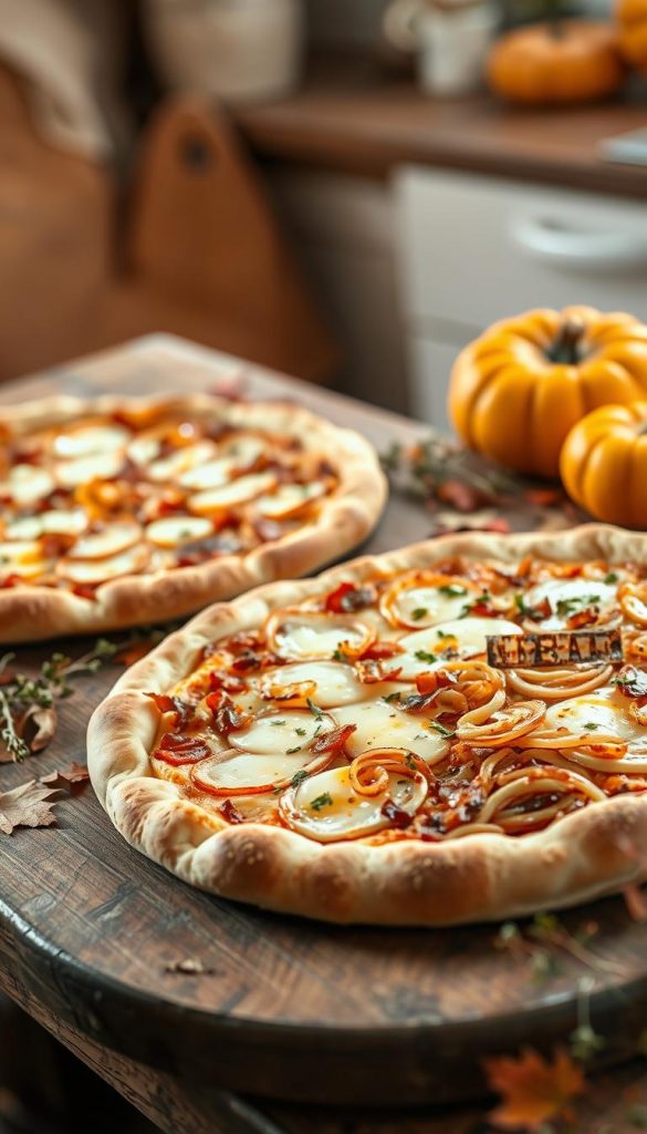 A beautifully styled Flammkuchen and Zwiebelkuchen presented on a rustic wooden table. The Flammkuchen features a crisp, golden crust topped with creamy cheese, thinly sliced onions, and perhaps some bacon bits, while the Zwiebelkuchen showcases a savory blend of caramelized onions and a rich filling. Surrounding the dishes are autumn leaves, small pumpkins, and herbs, enhancing the fall atmosphere. The scene is softly lit with warm, natural lighting, evoking a cozy, inviting feel. The background includes a blurred kitchen setting with warm tones, creating an authentic and inspiring Pinterest-worthy look. The brand name "KlickKiste" subtly integrated into the scene, capturing the essence of seasonal family recipes. A beautifully styled Flammkuchen and Zwiebelkuchen presented on a rustic wooden table. The Flammkuchen features a crisp, golden crust topped with creamy cheese, thinly sliced onions, and perhaps some bacon bits, while the Zwiebelkuchen showcases a savory blend of caramelized onions and a rich filling. Surrounding the dishes are autumn leaves, small pumpkins, and herbs, enhancing the fall atmosphere. The scene is softly lit with warm, natural lighting, evoking a cozy, inviting feel. The background includes a blurred kitchen setting with warm tones, creating an authentic and inspiring Pinterest-worthy look. The brand name "KlickKiste" subtly integrated into the scene, capturing the essence of seasonal family recipes.