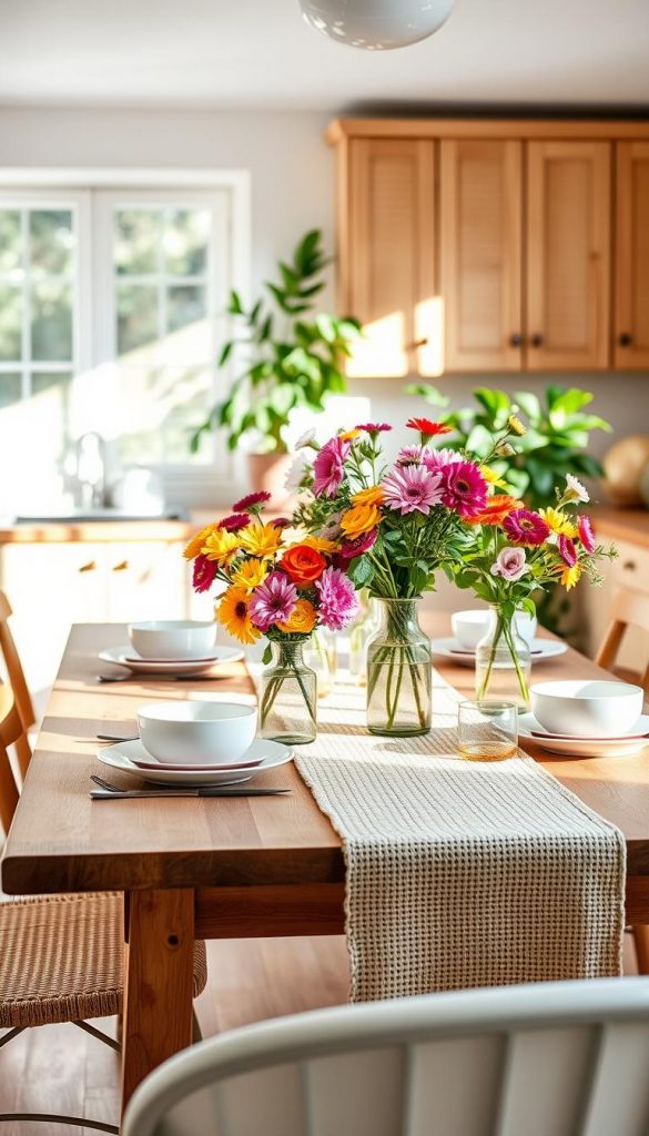 A beautifully styled Scandinavian kitchen dining area, featuring a wooden table adorned with fresh, colorful flowers in rustic vases. The table is set with elegant, minimalistic dishware in soft pastel tones, creating a warm and inviting atmosphere. In the foreground, a cozy woven table runner adds texture, while natural light pours in through a large window, casting gentle shadows. In the background, simple wooden cabinetry and leafy green plants complete the space, reflecting a serene summer vibe. The scene captures an authentic, DIY aesthetic, with warm colors that inspire comfort and creativity. This idyllic setting embodies the essence of KlickKiste's summer-inspired Scandi table decor. A beautifully styled Scandinavian kitchen dining area, featuring a wooden table adorned with fresh, colorful flowers in rustic vases. The table is set with elegant, minimalistic dishware in soft pastel tones, creating a warm and inviting atmosphere. In the foreground, a cozy woven table runner adds texture, while natural light pours in through a large window, casting gentle shadows. In the background, simple wooden cabinetry and leafy green plants complete the space, reflecting a serene summer vibe. The scene captures an authentic, DIY aesthetic, with warm colors that inspire comfort and creativity. This idyllic setting embodies the essence of KlickKiste's summer-inspired Scandi table decor.