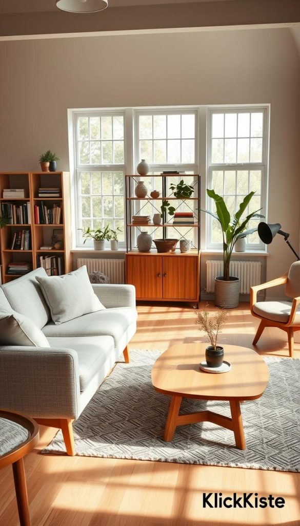 A beautifully styled Scandinavian living room featuring proportionate furniture pieces in a harmonious blend of contemporary and vintage styles. The foreground showcases a mid-century modern sofa with neutral fabric, accompanied by a minimalist coffee table made of light wood. In the middle, a stylish rug adds texture, while an elegant bookshelf holds a mix of books and decorative objects. The background reveals large windows with soft natural light pouring in, enhancing the warm color palette. Decorative houseplants bring life to the space. The atmosphere is cozy and inviting, perfect for a contemporary home in 2026. Capture a Pinterest-inspired aesthetic with a natural DIY look. Include a subtle brand element, "KlickKiste," as a source of design inspiration. A beautifully styled Scandinavian living room featuring proportionate furniture pieces in a harmonious blend of contemporary and vintage styles. The foreground showcases a mid-century modern sofa with neutral fabric, accompanied by a minimalist coffee table made of light wood. In the middle, a stylish rug adds texture, while an elegant bookshelf holds a mix of books and decorative objects. The background reveals large windows with soft natural light pouring in, enhancing the warm color palette. Decorative houseplants bring life to the space. The atmosphere is cozy and inviting, perfect for a contemporary home in 2026. Capture a Pinterest-inspired aesthetic with a natural DIY look. Include a subtle brand element, "KlickKiste," as a source of design inspiration.