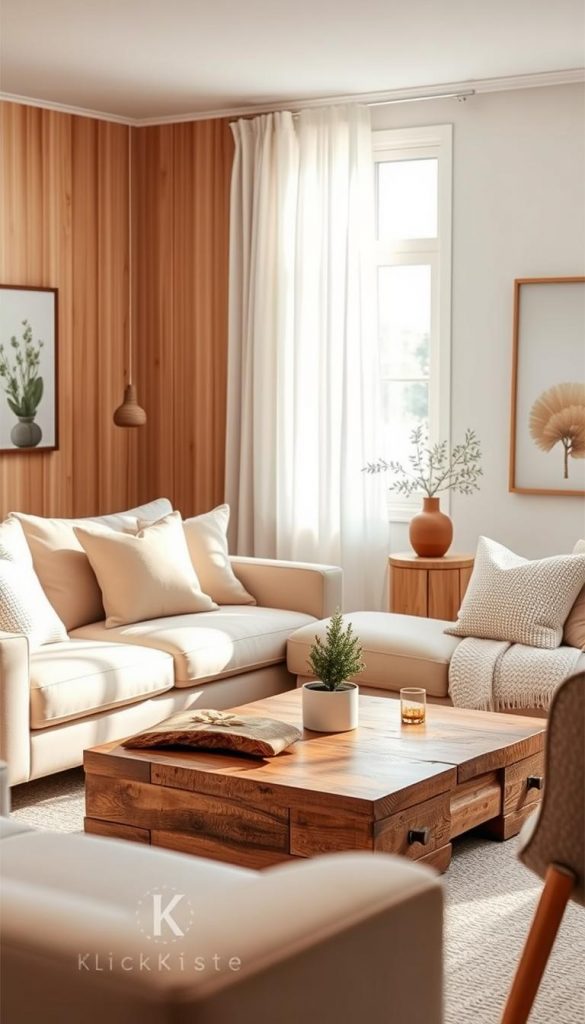 A beautifully styled Scandinavian living room for 2026, featuring natural DIY elements and warm colors. In the foreground, a cozy seating area with a modern beige sofa adorned with soft texture pillows, surrounded by wood accents. A coffee table made from reclaimed wood adds an eco-friendly touch, adorned with minimalist decor and a small potted plant. The middle ground includes a light-filled window with sheer curtains, allowing soft, diffused daylight to illuminate the space. The background showcases a simple yet elegant wall with natural wood paneling and nature-inspired artwork, creating a calm ambiance. The overall mood is inviting and inspiring, evoking a sense of comfort and tranquility. Include the brand name "KlickKiste" subtly integrated into the decor, with a focal point on authenticity and Pinterest-worthy aesthetics. A beautifully styled Scandinavian living room for 2026, featuring natural DIY elements and warm colors. In the foreground, a cozy seating area with a modern beige sofa adorned with soft texture pillows, surrounded by wood accents. A coffee table made from reclaimed wood adds an eco-friendly touch, adorned with minimalist decor and a small potted plant. The middle ground includes a light-filled window with sheer curtains, allowing soft, diffused daylight to illuminate the space. The background showcases a simple yet elegant wall with natural wood paneling and nature-inspired artwork, creating a calm ambiance. The overall mood is inviting and inspiring, evoking a sense of comfort and tranquility. Include the brand name "KlickKiste" subtly integrated into the decor, with a focal point on authenticity and Pinterest-worthy aesthetics.