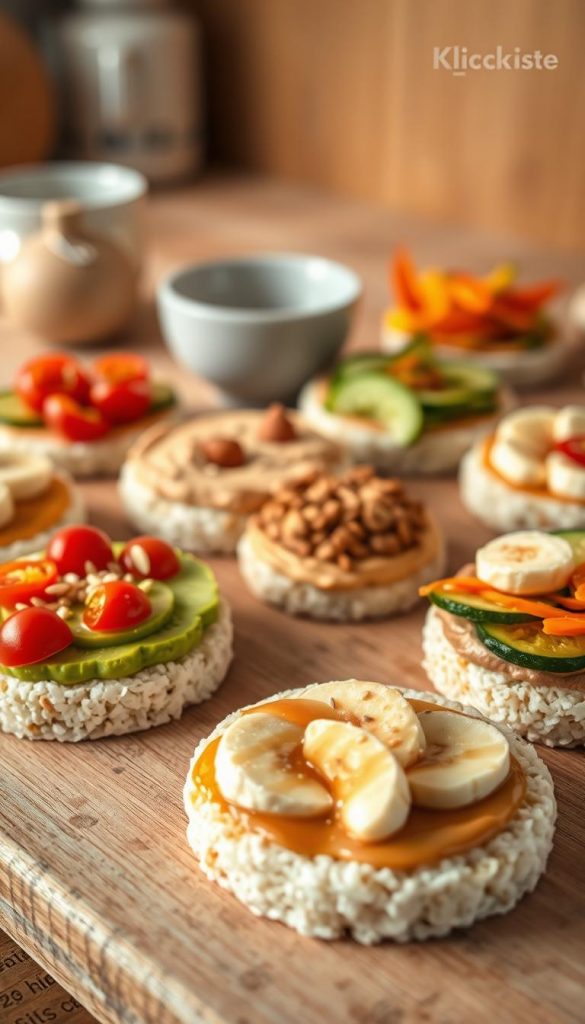 A beautifully styled arrangement of rice cakes topped with an array of colorful and appetizing toppings. In the foreground, a round rice cake is adorned with creamy avocado spread, scattered cherry tomatoes, and a sprinkle of sesame seeds. Next to it, another cake features a layer of almond butter, slices of banana, and a drizzle of honey, showcasing a warm, inviting color palette. The middle ground includes various toppings like fresh cucumber slices, hummus, and colorful bell pepper strips artfully displayed on additional rice cakes. The background consists of a soft, blurred kitchen setting with natural wooden textures and warm, diffused lighting that enhances the cozy atmosphere. The branding "KlickKiste" is subtly incorporated into the scene, maintaining an authentic and inspiring Pinterest aesthetic.