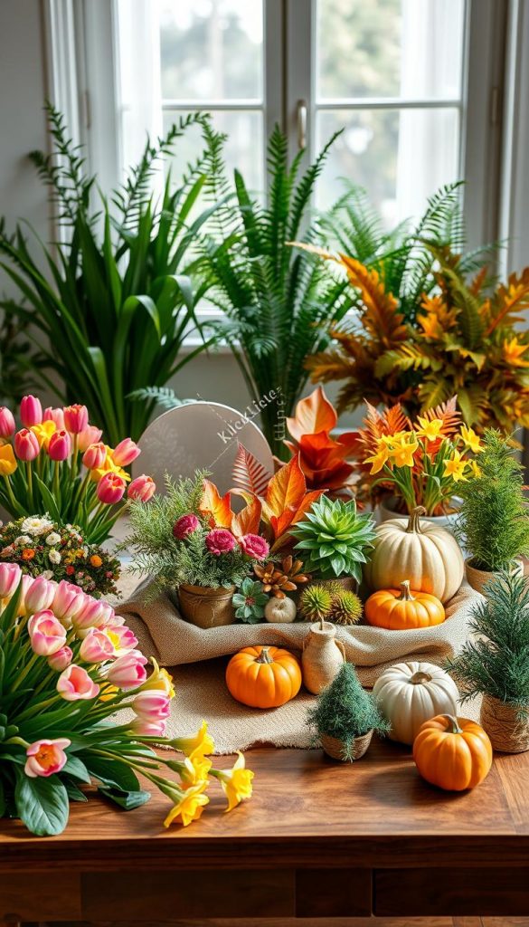 A beautifully styled arrangement of seasonal plants reflecting the essence of spring, summer, autumn, and winter. In the foreground, vibrant spring flowers like tulips and daffodils, lush summer greenery with ferns and flowering plants, warm-toned autumn leaves alongside pumpkins, and cozy winter evergreens in decorative pots. In the middle ground, an inviting wooden table adorned with natural materials such as jute and linen, showcasing a DIY project featuring these seasonal plants, evoking a Pinterest-inspired aesthetic. The background features soft, diffused natural light streaming in through a window, creating a warm and inviting atmosphere that embodies the changing seasons. The overall composition is authentic and inspiring, with a touch of creativity, branded subtly with the name "KlickKiste" integrated into the arrangement.