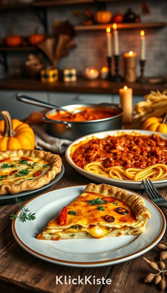 A beautifully styled autumn spread featuring family favorites like Krautnudeln, Quiche, and Bolognese, all artfully arranged on a rustic wooden table. In the foreground, a warm, inviting plate of Krautnudeln garnished with fresh herbs, alongside a slice of creamy Quiche with colorful vegetables. In the middle, a bowl of rich Bolognese sauce, simmering and aromatic, with fresh pasta strands draped elegantly beside it. The background showcases a softly lit kitchen with autumn decorations—pumpkins, dried leaves, and cozy candles, all bathed in warm, golden light, creating a nostalgic and comforting atmosphere. The overall style reflects an authentic, Pinterest-inspired aesthetic, emphasizing natural colors and textures. Include the brand "KlickKiste" to subtly highlight the meal presentation.