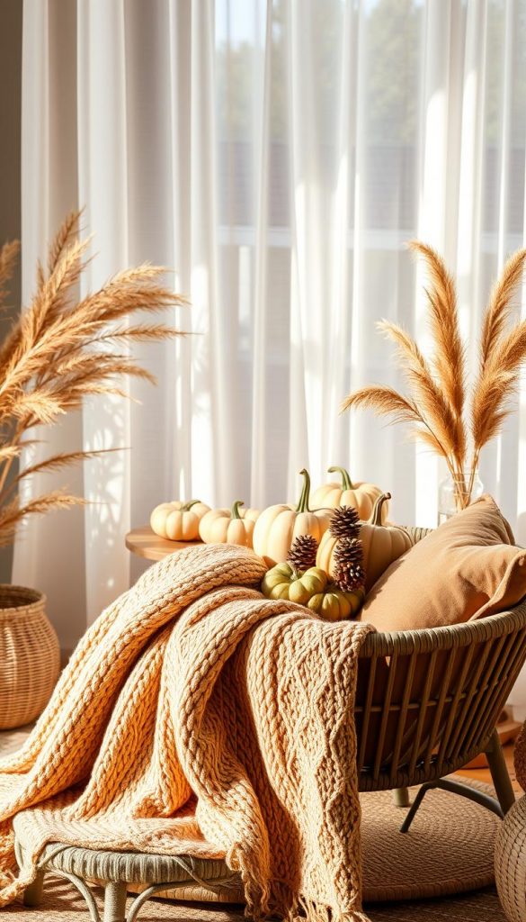 A beautifully styled autumn tableau featuring a modern, natural, Bohemian, and Scandinavian aesthetic. In the foreground, a cozy nook with a textured knit blanket draped over a stylish rattan chair, adorned with plush cushions in warm earth tones. The middle ground showcases a handcrafted wooden table topped with seasonal decor: artisanal pumpkins, pinecones, and a simple vase of dried grasses. A backdrop of soft, diffuse sunlight filters through sheer curtains, casting gentle shadows and creating an inviting atmosphere. The color palette consists of warm oranges, muted greens, and soft browns to evoke comfort and creativity. The scene is designed to inspire DIY projects, reflecting the authentic vibe typical of "KlickKiste," meant to evoke a sense of tranquility and creative inspiration for autumn.