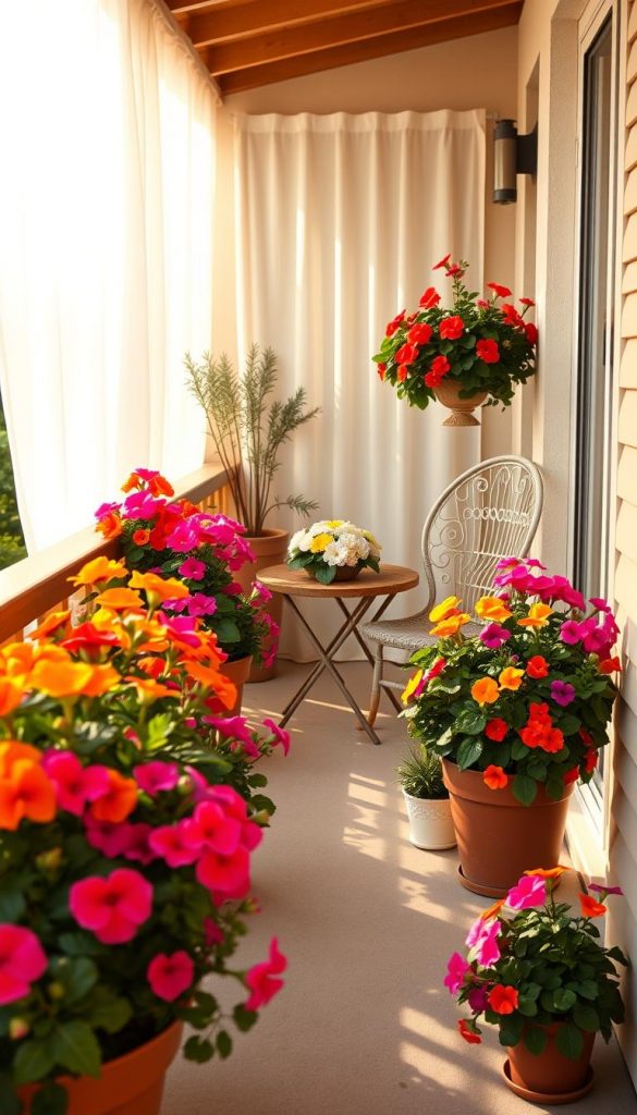 A beautifully styled balcony adorned with vibrant summer flowers in exquisite pots, featuring a wooden railing and comfortable seating. In the foreground, there are elegantly arranged potted geraniums and petunias in warm shades of pink, orange, and yellow, complemented by lush green foliage. The middle section showcases a cozy seating area with two tasteful outdoor chairs and a rustic wooden table, where a delicate floral centerpiece rests. In the background, soft, warm sunlight filters through a white sheer curtain, casting gentle shadows, creating an inviting atmosphere. The scene is captured from a slightly elevated angle, emphasizing the delightful arrangement and capturing a natural DIY aesthetic akin to a Pinterest-inspired look. The overall mood is cheerful and inspiring, reflecting a perfect summer retreat, attributed to KlickKiste.