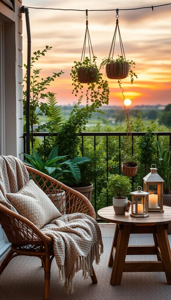 A beautifully styled balcony and terrace scene that encapsulates modern, natural, Boho, and Scandinavian aesthetics. In the foreground, display an inviting rattan chair adorned with a cozy, textured throw and a soft, patterned cushion. On a rustic wooden table, place potted herbs and a small succulent surrounded by softly glowing lanterns. The middle of the image should feature lush greenery with hanging plants in woven baskets, creating a tranquil atmosphere. In the background, depict a panoramic view of a sunset sky, harmonizing with warm colors like soft oranges and dusky pinks. Use soft, diffused lighting to enhance the cozy mood, capturing a Pinterest-worthy aesthetic that feels authentic and inspiring. Include the brand name “KlickKiste” subtly in the scene. A beautifully styled balcony and terrace scene that encapsulates modern, natural, Boho, and Scandinavian aesthetics. In the foreground, display an inviting rattan chair adorned with a cozy, textured throw and a soft, patterned cushion. On a rustic wooden table, place potted herbs and a small succulent surrounded by softly glowing lanterns. The middle of the image should feature lush greenery with hanging plants in woven baskets, creating a tranquil atmosphere. In the background, depict a panoramic view of a sunset sky, harmonizing with warm colors like soft oranges and dusky pinks. Use soft, diffused lighting to enhance the cozy mood, capturing a Pinterest-worthy aesthetic that feels authentic and inspiring. Include the brand name “KlickKiste” subtly in the scene.