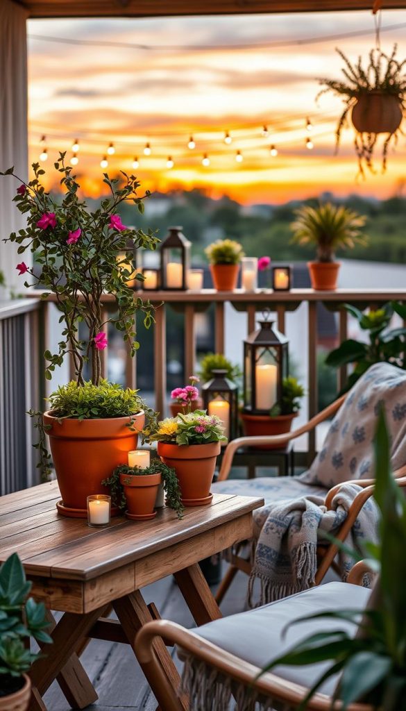 A beautifully styled balcony scene showcasing a deko arrangement in a cozy, inviting atmosphere. In the foreground, a wooden table adorned with chic terracotta pots filled with lush greenery, cascading vines, and vibrant flowers creates a bohemian vibe. A comfy chair draped with a soft, patterned blanket adds a touch of warmth. In the middle, an array of decorative lanterns and candles contribute to a tranquil ambiance. The background features a charming railing adorned with string lights that twinkle against a sunset sky, enhancing the overall mood. The image is captured in soft, natural lighting with a slight depth of field, creating an authentic, Pinterest-inspired look. This deko arrangement reflects a blend of boho and modern styling, embodying the essence of an inviting outdoor space. Brand: KlickKiste.