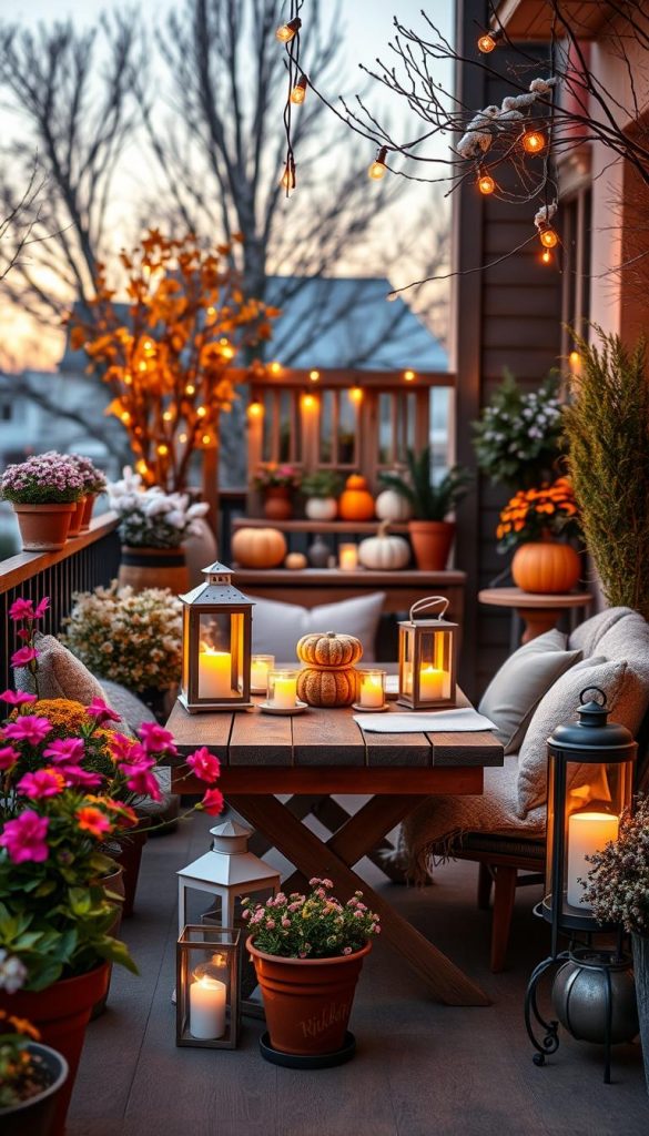 A beautifully styled balcony showcasing seasonal decorations from spring to winter, reflecting the warmth of natural DIY aesthetics. In the foreground, vibrant spring flowers in terracotta pots and lanterns glowing softly with candlelight. The middle ground features a rustic wooden table set for an intimate evening with cozy blankets and cushions in pastel colors. Delicate fairy lights hang overhead, casting a warm glow. In the background, an autumn-themed setup with pumpkin decorations and golden leaves contrasts with a winter scene featuring snow-dusted planters and evergreen branches. The mood is inviting and serene, perfect for a peaceful evening outdoors. The lighting is warm and soft, reminiscent of a golden hour sunset, with a slight depth of field effect. Capture this seasonal transformation showcasing the brand "KlickKiste" in a Pinterest-ready style.