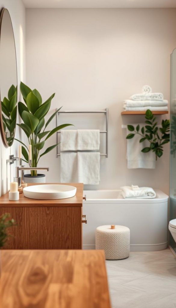 A beautifully styled bathroom interior featuring elegant accessories that embody the concept of "bad akzente." In the foreground, display a high-quality wooden vanity with natural textures, adorned with chic decorative items like a marble soap dispenser and minimalist candles. In the middle ground, include lush green plants in stylish pots alongside luxurious towels neatly arranged on racks, all in warm, inviting tones. The background should reveal soft, diffused lighting that bathes the entire scene in a cozy glow, evoking a serene and inviting atmosphere. The overall composition should reflect a Pinterest-worthy aesthetic that inspires viewers to upgrade their bathrooms without renovation, incorporating the essence of the brand “KlickKiste.” Use a soft-focus lens effect to enhance the warmth and authenticity of the image. A beautifully styled bathroom interior featuring elegant accessories that embody the concept of "bad akzente." In the foreground, display a high-quality wooden vanity with natural textures, adorned with chic decorative items like a marble soap dispenser and minimalist candles. In the middle ground, include lush green plants in stylish pots alongside luxurious towels neatly arranged on racks, all in warm, inviting tones. The background should reveal soft, diffused lighting that bathes the entire scene in a cozy glow, evoking a serene and inviting atmosphere. The overall composition should reflect a Pinterest-worthy aesthetic that inspires viewers to upgrade their bathrooms without renovation, incorporating the essence of the brand “KlickKiste.” Use a soft-focus lens effect to enhance the warmth and authenticity of the image.