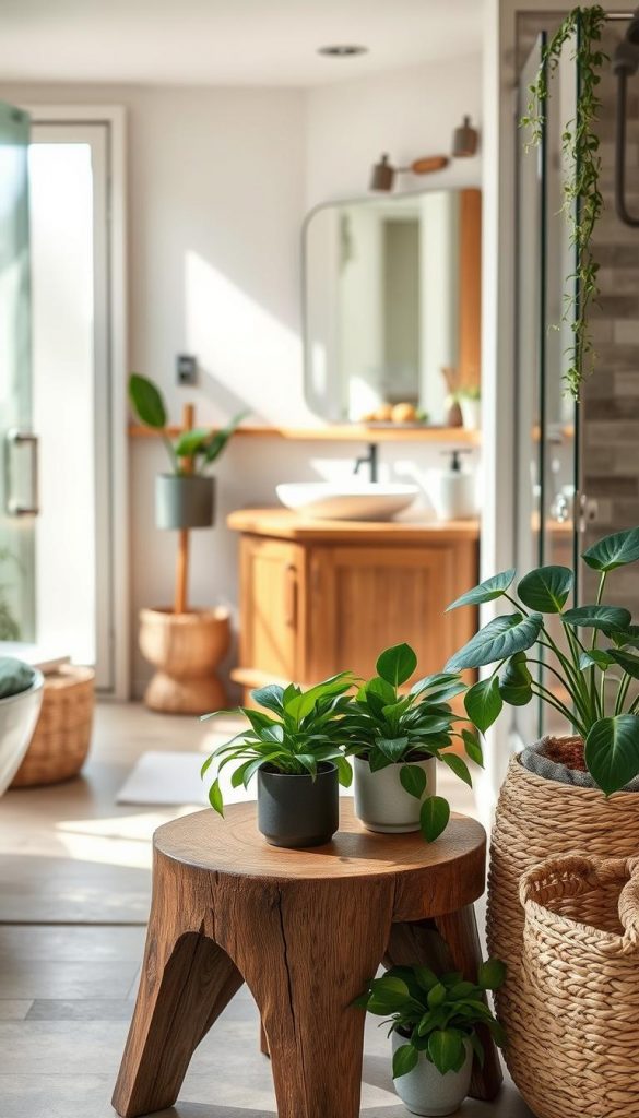 A beautifully styled bathroom showcasing natural decor ideas, focusing on elements made from wood, stone, and plants, arranged creatively for a warm and inviting atmosphere. In the foreground, a rustic wooden stool holds a variety of green potted plants, while a woven basket with natural fibers adds texture. The middle section features a serene sink area with a wooden vanity, adorned with simple decorative items like a stone soap dispenser and a small succulent. Soft, natural light filters through a frosted window, casting gentle shadows and creating a calming ambiance. The background shows neutral-toned walls and a glimpse of a shower area with natural stone tiles. The overall mood is authentic and inspiring, reminiscent of a Pinterest aesthetic, ideal for the theme of "KlickKiste".