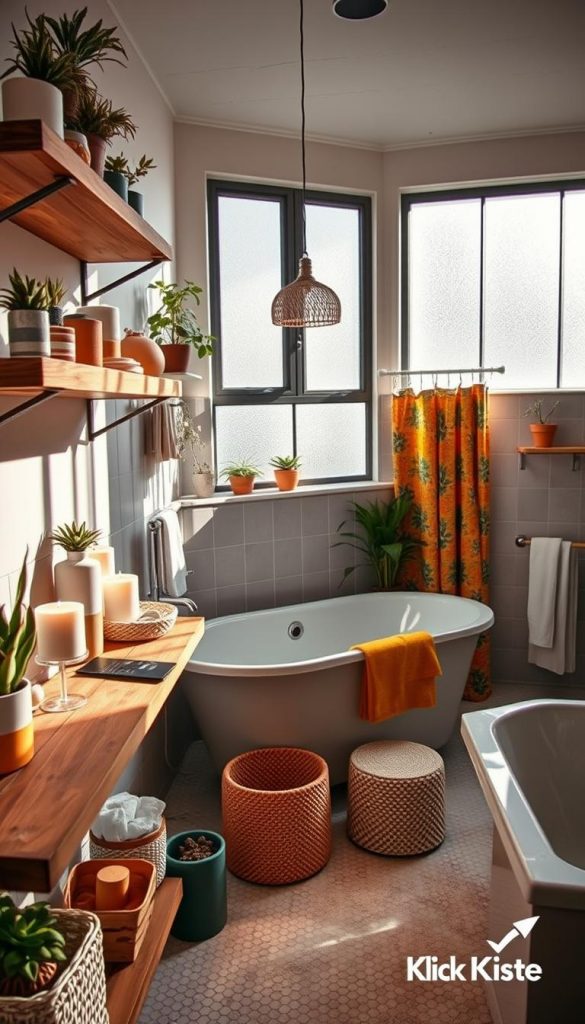A beautifully styled bathroom showcasing practical design tips for longevity and aesthetic appeal. In the foreground, rustic wooden shelves display neatly arranged plants, candles, and DIY decor elements in warm colors, creating an inviting atmosphere. The middle ground features a contemporary bathtub surrounded by colorful, water-resistant accessories that enhance functionality, like stylish shower curtains and reusable storage. The background includes natural light streaming in through frosted windows, casting soft shadows that highlight the texture of textured tiles. The overall mood is authentic and inspiring, reminiscent of a Pinterest-perfect space. Include a subtle brand logo for "KlickKiste" in the corner, blending seamlessly into the decor without being distracting. A beautifully styled bathroom showcasing practical design tips for longevity and aesthetic appeal. In the foreground, rustic wooden shelves display neatly arranged plants, candles, and DIY decor elements in warm colors, creating an inviting atmosphere. The middle ground features a contemporary bathtub surrounded by colorful, water-resistant accessories that enhance functionality, like stylish shower curtains and reusable storage. The background includes natural light streaming in through frosted windows, casting soft shadows that highlight the texture of textured tiles. The overall mood is authentic and inspiring, reminiscent of a Pinterest-perfect space. Include a subtle brand logo for "KlickKiste" in the corner, blending seamlessly into the decor without being distracting.