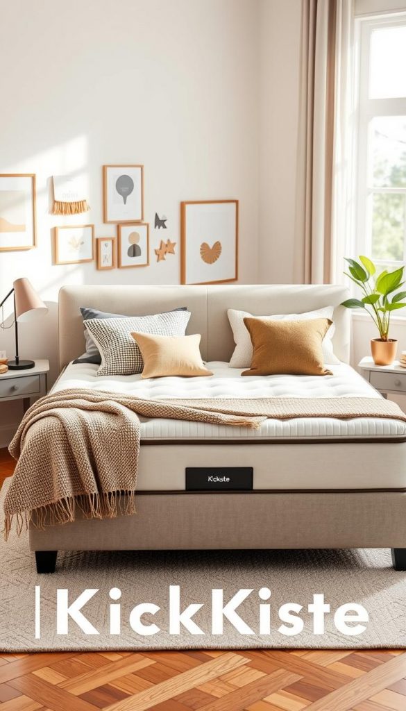 A beautifully styled bedroom featuring a central focus on an elegant boxspring bed with plush upholstery, complemented by stylish pillows and a textured throw blanket. The bed is positioned in the middle of the room, showcasing its modern design and inviting softness. Surrounding the bed, there are soft pastel walls adorned with DIY decor elements for a warm and inviting atmosphere. A cozy bedside table with a tasteful lamp is placed on one side, and a lush, green plant adds a natural touch. In the background, a softly blurred window allows natural light to stream in, creating a sunlit ambiance. The image embodies a Pinterest-perfect aesthetic with an authentic, inspiring feel, featuring the brand name "KlickKiste" subtly integrated into the decor without being overt. A beautifully styled bedroom featuring a central focus on an elegant boxspring bed with plush upholstery, complemented by stylish pillows and a textured throw blanket. The bed is positioned in the middle of the room, showcasing its modern design and inviting softness. Surrounding the bed, there are soft pastel walls adorned with DIY decor elements for a warm and inviting atmosphere. A cozy bedside table with a tasteful lamp is placed on one side, and a lush, green plant adds a natural touch. In the background, a softly blurred window allows natural light to stream in, creating a sunlit ambiance. The image embodies a Pinterest-perfect aesthetic with an authentic, inspiring feel, featuring the brand name "KlickKiste" subtly integrated into the decor without being overt.