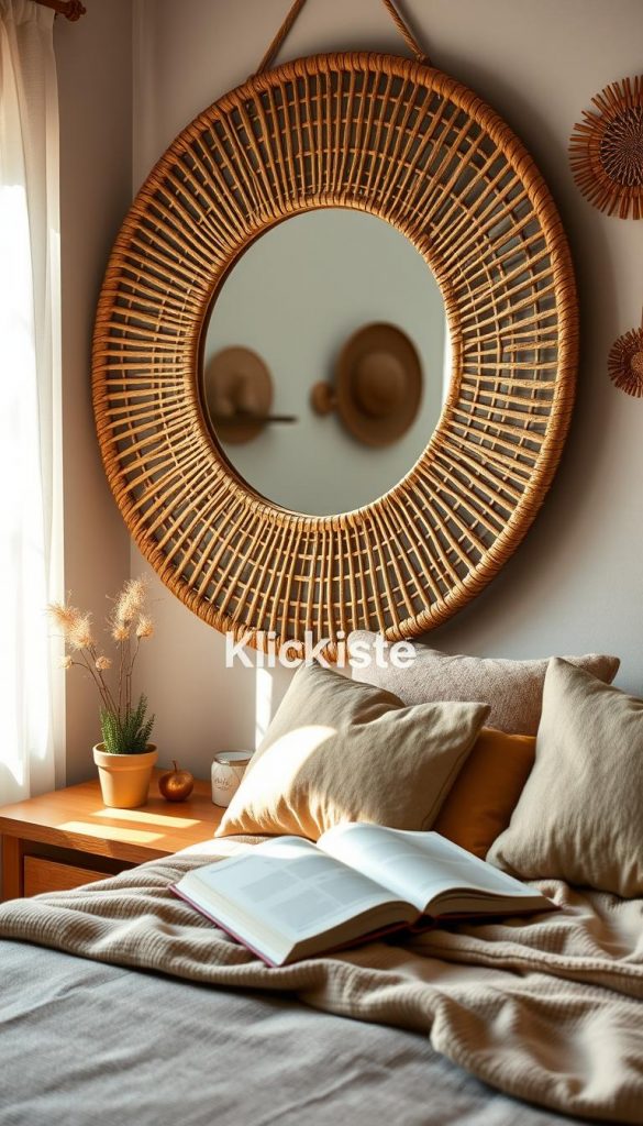 A beautifully styled bedroom featuring a large, round rattan mirror as the focal point, accentuating its natural textures and warm tones. The mirror hangs above a wooden bedside table adorned with a small potted plant and an open book, adding a touch of boho charm. In the background, a softly lit window allows natural light to wash over the room, casting gentle shadows and creating a cozy atmosphere. Complement the scene with a textured bedspread in muted earth tones, fluffy pillows, and minimalistic wall decor that enhances the bohemian aesthetic. Capture this inviting and inspiring setting from a slight angle to emphasize the rattan mirror and the warmth of the space, reminiscent of a Pinterest-worthy DIY aesthetic. Include the brand name "KlickKiste" subtly within the decor elements.