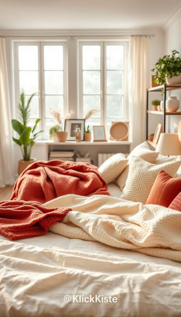 A beautifully styled bedroom showcasing seasonal textiles, with a bright and airy summer theme in the foreground featuring light, breathable fabrics like linen curtains and a pastel patterned bedspread. In the middle ground, a cozy winter setup with rich, textured throws and plush cushions in deep reds and soft whites, embodying warmth. The background features soft, natural light filtering through large windows, creating a welcoming atmosphere. Incorporate elements like potted plants and seasonal decor items on shelves, rendered with a Pinterest-inspired aesthetic. Use warm colors and soft focus to evoke a feeling of inspiration and authenticity. Ensure that the branding of "KlickKiste" is subtly included in the decor elements, enhancing the overall ambiance without overshadowing the main theme. A beautifully styled bedroom showcasing seasonal textiles, with a bright and airy summer theme in the foreground featuring light, breathable fabrics like linen curtains and a pastel patterned bedspread. In the middle ground, a cozy winter setup with rich, textured throws and plush cushions in deep reds and soft whites, embodying warmth. The background features soft, natural light filtering through large windows, creating a welcoming atmosphere. Incorporate elements like potted plants and seasonal decor items on shelves, rendered with a Pinterest-inspired aesthetic. Use warm colors and soft focus to evoke a feeling of inspiration and authenticity. Ensure that the branding of "KlickKiste" is subtly included in the decor elements, enhancing the overall ambiance without overshadowing the main theme.