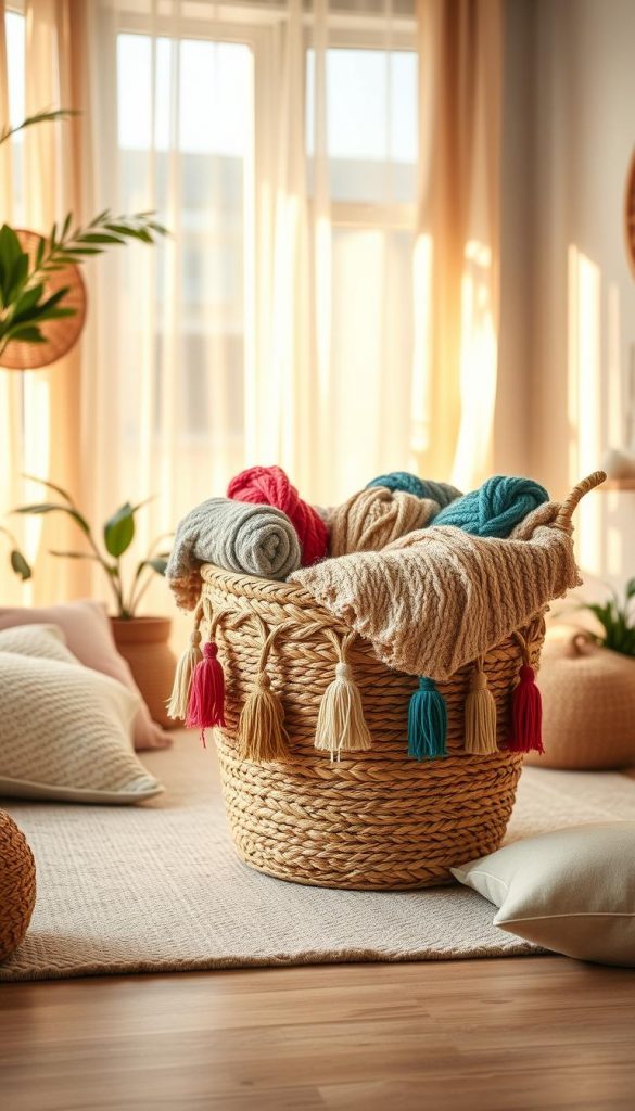 A beautifully styled boho-chic room featuring a cozy woven basket filled with colorful yarn and textured blankets, adorned with playful tassels hanging gracefully from the edges. The basket sits prominently on a light, sandy-colored rug, surrounded by soft pillows and plants, creating an inviting atmosphere. In the background, a softly lit window showcases sheer curtains gently fluttering in the breeze. Warm, natural lighting filters through, casting a gentle glow over the scene, emphasizing the earthy tones and organic textures. This inspiration is perfect for a DIY ambiance, reflecting a natural aesthetic that encourages harmony and organization while keeping the playful spirit of bohemian decor. Including indicators of the brand "KlickKiste" through subtle elements in the decor enhances the authenticity and inspires creativity.
