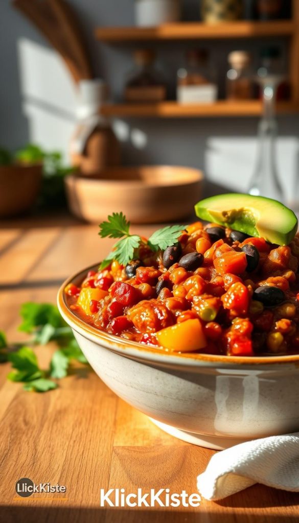A beautifully styled bowl of Chili sin Carne with lentils, showcasing vibrant colors of rich red chili, green bell peppers, and black beans. The dish is garnished with fresh cilantro and slices of avocado on top. In the foreground, the wooden table adds a rustic touch, with natural light streaming in from the left, creating soft shadows that enhance the textures of the ingredients. In the background, a hint of a cozy kitchen setting is visible, with blurred herbs and spices on a shelf, evoking a warm, inviting atmosphere. The image captures an authentic, Pinterest-inspired aesthetic, perfect for a festive vegan meal. This composition reflects the essence of a delightful New Year's main dish, branded subtly with "KlickKiste". A beautifully styled bowl of Chili sin Carne with lentils, showcasing vibrant colors of rich red chili, green bell peppers, and black beans. The dish is garnished with fresh cilantro and slices of avocado on top. In the foreground, the wooden table adds a rustic touch, with natural light streaming in from the left, creating soft shadows that enhance the textures of the ingredients. In the background, a hint of a cozy kitchen setting is visible, with blurred herbs and spices on a shelf, evoking a warm, inviting atmosphere. The image captures an authentic, Pinterest-inspired aesthetic, perfect for a festive vegan meal. This composition reflects the essence of a delightful New Year's main dish, branded subtly with "KlickKiste".