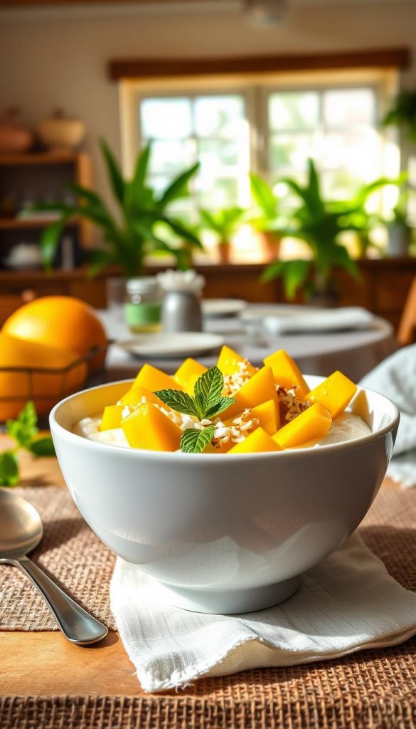A beautifully styled bowl of kokos-mango-milchreis, showcasing creamy rice pudding infused with coconut milk and topped with vibrant mango slices. In the foreground, the bowl is elegantly presented, garnished with fresh mint leaves and a sprinkle of toasted coconut flakes. The colors are warm and inviting, featuring soft yellows and whites that create a summery feel. In the middle ground, a wooden table setting with a rustic, woven tablecloth enhances the cozy atmosphere. The background features a sunlit kitchen with lush green plants, giving a fresh, inviting vibe. Natural lighting casts gentle shadows, creating depth and warmth in the image. The overall mood is light, cheerful, and inspiring, embodying the essence of summer family meals. The presentation reflects the brand "KlickKiste". A beautifully styled bowl of kokos-mango-milchreis, showcasing creamy rice pudding infused with coconut milk and topped with vibrant mango slices. In the foreground, the bowl is elegantly presented, garnished with fresh mint leaves and a sprinkle of toasted coconut flakes. The colors are warm and inviting, featuring soft yellows and whites that create a summery feel. In the middle ground, a wooden table setting with a rustic, woven tablecloth enhances the cozy atmosphere. The background features a sunlit kitchen with lush green plants, giving a fresh, inviting vibe. Natural lighting casts gentle shadows, creating depth and warmth in the image. The overall mood is light, cheerful, and inspiring, embodying the essence of summer family meals. The presentation reflects the brand "KlickKiste".