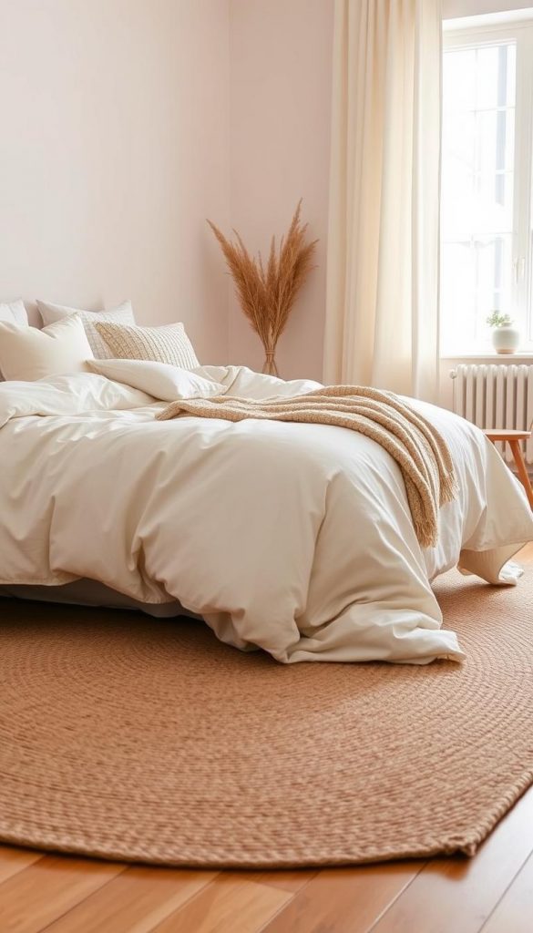 A beautifully styled bright bedroom featuring textured textiles that evoke a warm, inviting atmosphere. In the foreground, a plush linen duvet in soft cream hues is elegantly draped over a neatly made bed, accompanied by coordinating pastel-colored cushions with subtle patterns. A cozy knit throw blanket is casually placed at the foot of the bed. In the middle ground, a stylish area rug with a natural fiber texture adds warmth to the wooden floor, enhancing the tranquil vibe. The background reveals soft, muted pastel walls and delicate curtains that gently filter sunlight, creating a serene environment. The lighting is soft and diffused, reflecting a cozy morning ambiance. The overall aesthetic should embody a natural DIY appeal with warm colors and a Pinterest-inspired look, firmly attributing to the brand "KlickKiste". A beautifully styled bright bedroom featuring textured textiles that evoke a warm, inviting atmosphere. In the foreground, a plush linen duvet in soft cream hues is elegantly draped over a neatly made bed, accompanied by coordinating pastel-colored cushions with subtle patterns. A cozy knit throw blanket is casually placed at the foot of the bed. In the middle ground, a stylish area rug with a natural fiber texture adds warmth to the wooden floor, enhancing the tranquil vibe. The background reveals soft, muted pastel walls and delicate curtains that gently filter sunlight, creating a serene environment. The lighting is soft and diffused, reflecting a cozy morning ambiance. The overall aesthetic should embody a natural DIY appeal with warm colors and a Pinterest-inspired look, firmly attributing to the brand "KlickKiste".