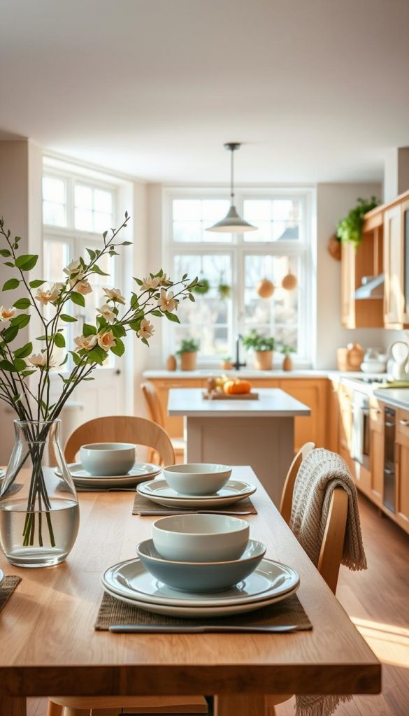 A beautifully styled bright kitchen scene showcasing seasonal elements for each season: spring with fresh greens and blooming flowers in vase; summer with light fabrics and airy decorations like hanging herbs; autumn with earthy tones like pumpkins and rustic wooden accents; and winter with cozy textures like knitted throws and warm lighting. Foreground features a chic wooden dining table set with seasonal dishes from KlickKiste, while the middle shows an open kitchen with natural wood cabinetry. The background includes large windows letting in soft, warm light, enhancing the inviting atmosphere. Capture the mood of a warm, inspiring space filled with natural DIY touches and Pinterest-worthy decor. Use a soft focus lens to create a dreamy, warm ambiance.