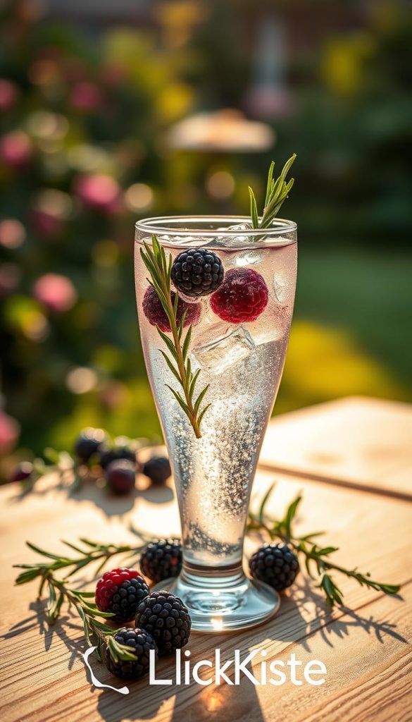 A beautifully styled cocktail featuring a glass of "Brombeer-Rosmarin Gin & Tonic" as the foreground focus. The glass is filled with sparkling gin mixed with tonic water, garnished with fresh blackberries and sprigs of rosemary, creating a vibrant contrast of deep purple and green. In the middle ground, a wooden table is adorned with additional blackberries and rosemary twigs, enhancing the natural vibe. The background features a softly blurred garden scene bathed in warm sunlight, evoking a relaxed and refreshing atmosphere. The lighting is golden hour soft, giving a warm glow to the image, reminiscent of a Pinterest aesthetic. Include the brand name "KlickKiste" subtly integrated into the scene, emphasizing authenticity and inspiration. A beautifully styled cocktail featuring a glass of "Brombeer-Rosmarin Gin & Tonic" as the foreground focus. The glass is filled with sparkling gin mixed with tonic water, garnished with fresh blackberries and sprigs of rosemary, creating a vibrant contrast of deep purple and green. In the middle ground, a wooden table is adorned with additional blackberries and rosemary twigs, enhancing the natural vibe. The background features a softly blurred garden scene bathed in warm sunlight, evoking a relaxed and refreshing atmosphere. The lighting is golden hour soft, giving a warm glow to the image, reminiscent of a Pinterest aesthetic. Include the brand name "KlickKiste" subtly integrated into the scene, emphasizing authenticity and inspiration.