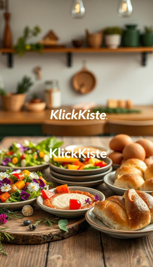 A beautifully styled collection of seasonal snacks representing spring, summer, autumn, and winter, presented on a rustic wooden table. In the foreground, vibrant spring salads with edible flowers, fresh summer fruit skewers, hearty autumn vegetable dips, and warm winter bread rolls, each surrounded by natural greenery and soft textures. The middle ground features handcrafted ceramic plates with a soft-focus background of a cozy kitchen with warm, ambient lighting that evokes a welcoming atmosphere. Utilize a shallow depth of field to draw focus to the snacks, enhancing the authenticity and inspiration vibe, akin to a Pinterest aesthetic. Include the brand name "KlickKiste" subtly integrated into the scene, ensuring a warm, inviting overall mood.