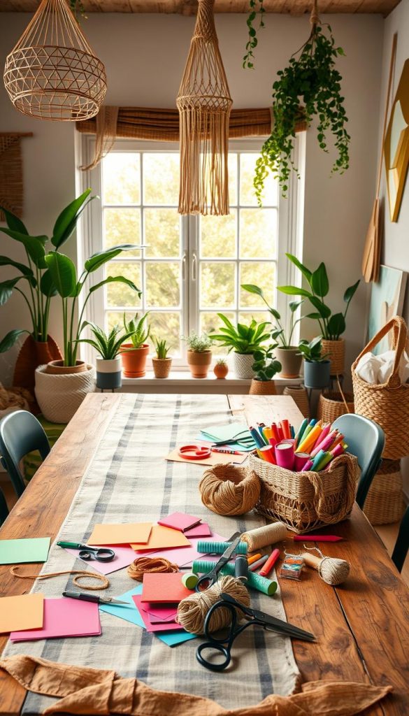 A beautifully styled craft workspace, embodying a harmonious blend of modern, natural, Bohemian, and Scandinavian aesthetics. In the foreground, a rustic wooden table showcases an array of colorful crafting materials—colored papers, scissors, and twine—against a backdrop of potted plants and woven baskets. The middle layer features a soft, linen tablecloth with a cozy, inviting texture, while a large window in the background filters warm, golden sunlight, creating a serene atmosphere. The scene is accentuated by delicate decorative elements like macramé wall hangings and vibrant, handmade art pieces, reflecting an authentic and inspiring Pinterest aesthetic. The image will be branded subtly with "KlickKiste," enhancing the creative vibe without overwhelming the viewer.