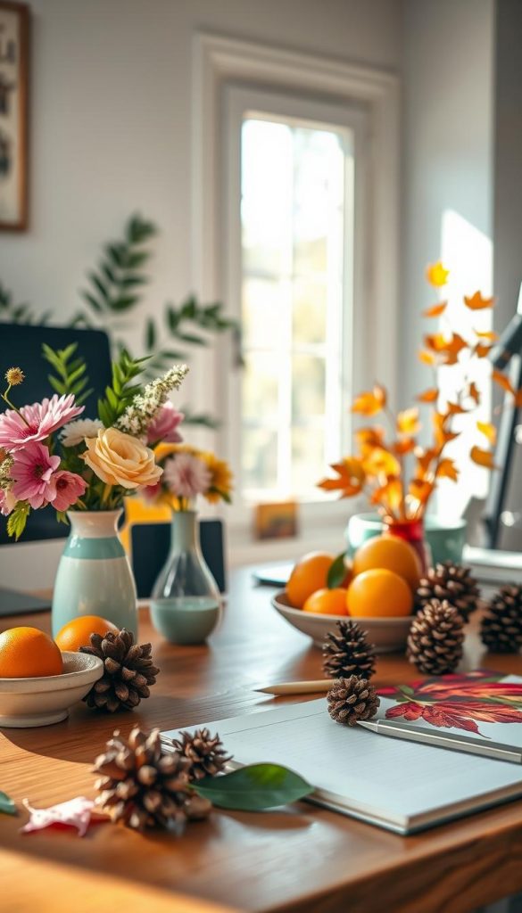 A beautifully styled desk decoration inspired by seasonal themes: foreground features a cozy workspace with a wooden desk adorned with fresh spring flowers in pastel vases, warm summer citrus fruits, colorful autumn leaves, and winter pinecones arranged artistically. In the middle, natural lighting bathes the scene, enhancing the rich textures of the desk and decor items, evoking a warm and inviting atmosphere. The background showcases a soft-focus window with gentle sunlight streaming in, hinting at nature outside. Emphasize a harmonious blend of pastel and earthy tones for an authentic and inspiring Pinterest aesthetic. Include a subtle branding element of "KlickKiste" integrated into the decor, ensuring it feels organic. The overall mood is uplifting, encouraging creativity and comfort throughout the seasons. A beautifully styled desk decoration inspired by seasonal themes: foreground features a cozy workspace with a wooden desk adorned with fresh spring flowers in pastel vases, warm summer citrus fruits, colorful autumn leaves, and winter pinecones arranged artistically. In the middle, natural lighting bathes the scene, enhancing the rich textures of the desk and decor items, evoking a warm and inviting atmosphere. The background showcases a soft-focus window with gentle sunlight streaming in, hinting at nature outside. Emphasize a harmonious blend of pastel and earthy tones for an authentic and inspiring Pinterest aesthetic. Include a subtle branding element of "KlickKiste" integrated into the decor, ensuring it feels organic. The overall mood is uplifting, encouraging creativity and comfort throughout the seasons.