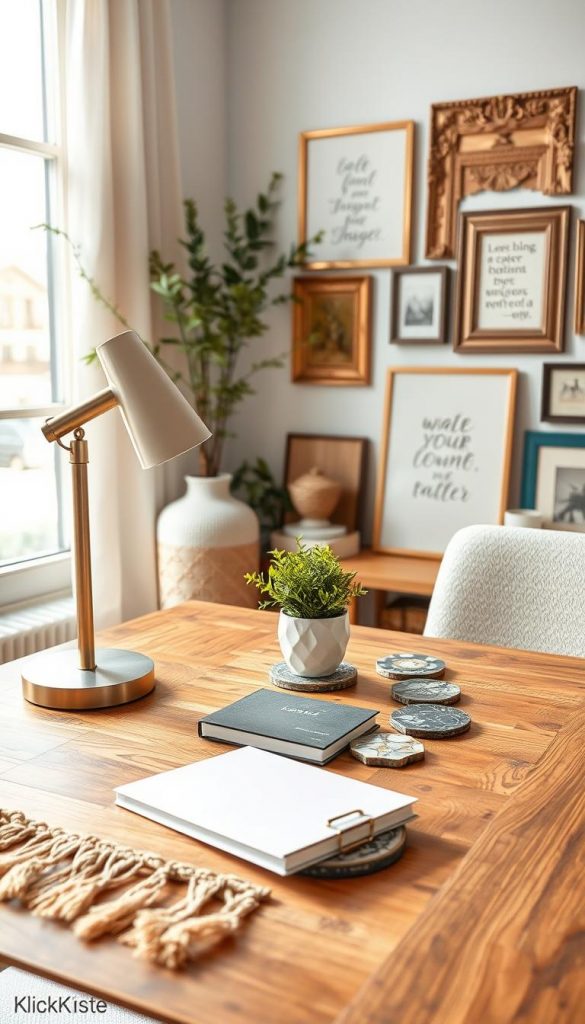 A beautifully styled desk decoration scene featuring a harmonious blend of proportions, styles, and color combinations. In the foreground, a wooden desk adorned with natural fibers like jute and linen, elegantly arranged with chic items such as a minimalistic table lamp, a small potted plant with vibrant greenery, and a stylish notebook placed on an artfully scattered collection of decorative coasters. The middle ground showcases an organized yet creative workspace with hints of warm hues—soft peach, deep teal, and muted gold—while ornate picture frames and inspirational quotes are tastefully displayed on the walls. The background captures a serene window view, allowing natural light to flood the space, enhancing the inviting atmosphere. This scene embodies a harmonious blend perfect for a Pinterest-inspired DIY aesthetic, all branded with the name “KlickKiste.” A beautifully styled desk decoration scene featuring a harmonious blend of proportions, styles, and color combinations. In the foreground, a wooden desk adorned with natural fibers like jute and linen, elegantly arranged with chic items such as a minimalistic table lamp, a small potted plant with vibrant greenery, and a stylish notebook placed on an artfully scattered collection of decorative coasters. The middle ground showcases an organized yet creative workspace with hints of warm hues—soft peach, deep teal, and muted gold—while ornate picture frames and inspirational quotes are tastefully displayed on the walls. The background captures a serene window view, allowing natural light to flood the space, enhancing the inviting atmosphere. This scene embodies a harmonious blend perfect for a Pinterest-inspired DIY aesthetic, all branded with the name “KlickKiste.”