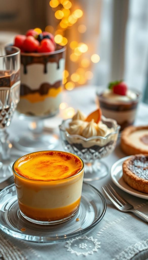 A beautifully styled dessert table featuring a luscious crème brûlée at the forefront, with its perfectly caramelized top glistening in warm, golden hues. Surround the crème brûlée with other winter desserts like a colorful trifle, rich chocolate mousse, and a rustic apple tart. The middle ground should have elegant crystal dessert dishes and delicate, vintage cutlery to enhance the luxurious feel. In the background, softly blurred fairy lights create a cozy, inviting atmosphere, evoking warmth and family gatherings during winter. Use soft, natural lighting to highlight the textures of the desserts and create a Pinterest-inspired aesthetic. The scene should elicit feelings of comfort and indulgence, styled in a way that reflects the branding of "KlickKiste". A beautifully styled dessert table featuring a luscious crème brûlée at the forefront, with its perfectly caramelized top glistening in warm, golden hues. Surround the crème brûlée with other winter desserts like a colorful trifle, rich chocolate mousse, and a rustic apple tart. The middle ground should have elegant crystal dessert dishes and delicate, vintage cutlery to enhance the luxurious feel. In the background, softly blurred fairy lights create a cozy, inviting atmosphere, evoking warmth and family gatherings during winter. Use soft, natural lighting to highlight the textures of the desserts and create a Pinterest-inspired aesthetic. The scene should elicit feelings of comfort and indulgence, styled in a way that reflects the branding of "KlickKiste".