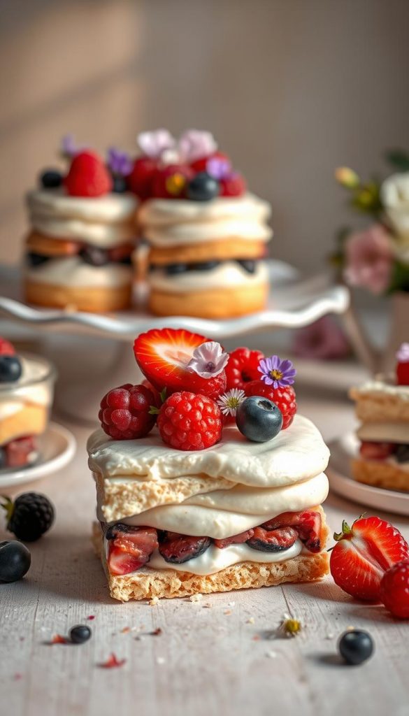 A beautifully styled dessert table featuring a variety of no-bake layers, showcasing a Keksboden topped with smooth, creamy layers. In the foreground, a close-up of a perfectly stacked dessert slice reveals a crispy biscuit base and silky cream, garnished with fresh berries and edible flowers. The middle ground displays an elegant serving platter orchestrating an assortment of layered desserts, emphasizing inviting textures and colors. The background softly fades into a warm, natural setting with gentle lighting that casts a cozy glow, enhancing the authentic Pinterest-inspired aesthetic. This image should evoke a sense of summer indulgence and creativity, capturing the essence of "KlickKiste" desserts, perfect for an inspiring article on delightful no-bake treats.
