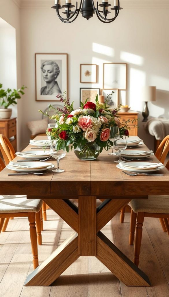 A beautifully styled dining room scene inspired by "KlickKiste." The foreground features a rustic wooden dining table adorned with an elegant table setting, incorporating cozy neutral tones like beige, soft greys, and warm whites, complemented by rich earth tones. In the middle, a stylish centerpiece of fresh flowers adds a lively pop of color—think deep greens, vibrant pastels, and bold statement hues. The background showcases light, airy walls with tasteful art and decor that reflects modern Pinterest aesthetics. Warm, natural lighting floods the space, creating an inviting atmosphere. The angle captures the entire room, focusing on the harmonious interplay of colors and textures, evoking a sense of comfort and inspiration while remaining elegantly simple. Perfect for showcasing color palettes in home decor.