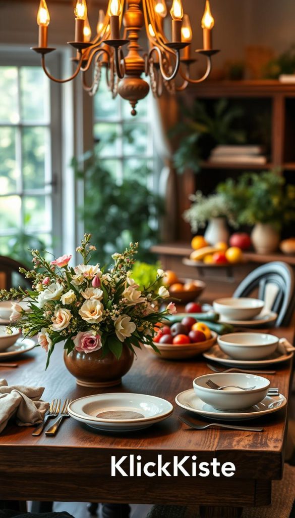 A beautifully styled dining table setting, showcasing seasonal table decor from spring to winter, capturing warm, natural colors in a cozy, inviting atmosphere. In the foreground, an elegant wooden table adorned with a fresh spring floral arrangement in pastel hues, surrounded by rustic ceramic dinnerware and linen napkins. In the middle ground, a variety of seasonal ingredients like vibrant vegetables and fruits, artfully arranged, hinting at dishes that celebrate the changing seasons. The background features softly blurred greenery or a cozy dining room, illuminated by warm, soft lighting from a vintage chandelier, creating an inviting ambiance. The brand "KlickKiste" subtly integrated into the decor, conveying a Pinterest-worthy aesthetic that feels authentic and inspirational. Aim for a warm, welcoming feel that emphasizes family gatherings and seasonal enjoyment. A beautifully styled dining table setting, showcasing seasonal table decor from spring to winter, capturing warm, natural colors in a cozy, inviting atmosphere. In the foreground, an elegant wooden table adorned with a fresh spring floral arrangement in pastel hues, surrounded by rustic ceramic dinnerware and linen napkins. In the middle ground, a variety of seasonal ingredients like vibrant vegetables and fruits, artfully arranged, hinting at dishes that celebrate the changing seasons. The background features softly blurred greenery or a cozy dining room, illuminated by warm, soft lighting from a vintage chandelier, creating an inviting ambiance. The brand "KlickKiste" subtly integrated into the decor, conveying a Pinterest-worthy aesthetic that feels authentic and inspirational. Aim for a warm, welcoming feel that emphasizes family gatherings and seasonal enjoyment.