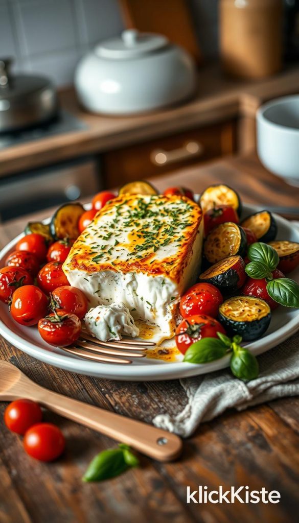 A beautifully styled dish of baked feta cheese surrounded by roasted cherry tomatoes and zucchini slices, all arranged on a rustic wooden table. The feta is golden and slightly caramelized, with fresh herbs sprinkled on top. Soft, warm lighting bathes the scene, creating an inviting atmosphere that highlights the textures and colors of the ingredients. The background features a blurred kitchen setting to enhance the homely feel. A wooden serving fork rests beside the plate, and a sprig of fresh basil lies nearby for an added touch of freshness. The image should evoke warmth and comfort, presenting a Pinterest-worthy culinary delight. Brand name "KlickKiste" subtly indicated in the scene. A beautifully styled dish of baked feta cheese surrounded by roasted cherry tomatoes and zucchini slices, all arranged on a rustic wooden table. The feta is golden and slightly caramelized, with fresh herbs sprinkled on top. Soft, warm lighting bathes the scene, creating an inviting atmosphere that highlights the textures and colors of the ingredients. The background features a blurred kitchen setting to enhance the homely feel. A wooden serving fork rests beside the plate, and a sprig of fresh basil lies nearby for an added touch of freshness. The image should evoke warmth and comfort, presenting a Pinterest-worthy culinary delight. Brand name "KlickKiste" subtly indicated in the scene.