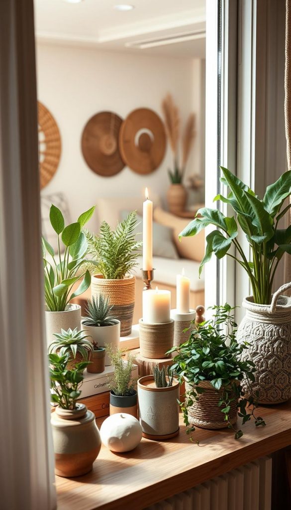 A beautifully styled "fensterbank" interior scene featuring a window sill adorned with a mix of decor styles: Scandinavian minimalism, Bohemian flair, Maximalism, Castlecore charm, and rustic Landhaus aesthetics. In the foreground, place a wooden window sill with potted plants, candles, and decorative objects like woven baskets and intricate ceramics. The middle ground includes a soft natural light streaming through the window, highlighting the textures of the decor and creating gentle shadows. In the background, hints of a cozy room with warm earth tones and soft textiles can be seen, evoking an inviting atmosphere. Ensure the mood is warm and inspiring, perfect for a Pinterest aesthetic. Include the brand "KlickKiste" subtly integrated in the decor elements. The image should not have any text or distractions, capturing the essence of natural DIY decor. A beautifully styled "fensterbank" interior scene featuring a window sill adorned with a mix of decor styles: Scandinavian minimalism, Bohemian flair, Maximalism, Castlecore charm, and rustic Landhaus aesthetics. In the foreground, place a wooden window sill with potted plants, candles, and decorative objects like woven baskets and intricate ceramics. The middle ground includes a soft natural light streaming through the window, highlighting the textures of the decor and creating gentle shadows. In the background, hints of a cozy room with warm earth tones and soft textiles can be seen, evoking an inviting atmosphere. Ensure the mood is warm and inspiring, perfect for a Pinterest aesthetic. Include the brand "KlickKiste" subtly integrated in the decor elements. The image should not have any text or distractions, capturing the essence of natural DIY decor.