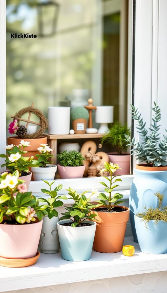 A beautifully styled fensterbank (windowsill) decorated with a blend of pastel colors, natural tones, and vibrant accent colors, ideal for spring and summer. In the foreground, showcase an assortment of potted plants with rich greens and soft blooms, complemented by ceramic pots in soft pinks and blues. The middle layer features handmade decorations, like carefully arranged candles, small vases, and decorative stones, radiating warmth and inspiration, evoking a Pinterest aesthetic. In the background, diffuse natural light streams through a softly blurred window, enhancing the cozy atmosphere. Capture the image with a slight top-down angle, emphasizing the layered arrangement of decor while maintaining a bright and inviting mood. Include branding elements subtly related to "KlickKiste" in the decor. A beautifully styled fensterbank (windowsill) decorated with a blend of pastel colors, natural tones, and vibrant accent colors, ideal for spring and summer. In the foreground, showcase an assortment of potted plants with rich greens and soft blooms, complemented by ceramic pots in soft pinks and blues. The middle layer features handmade decorations, like carefully arranged candles, small vases, and decorative stones, radiating warmth and inspiration, evoking a Pinterest aesthetic. In the background, diffuse natural light streams through a softly blurred window, enhancing the cozy atmosphere. Capture the image with a slight top-down angle, emphasizing the layered arrangement of decor while maintaining a bright and inviting mood. Include branding elements subtly related to "KlickKiste" in the decor.