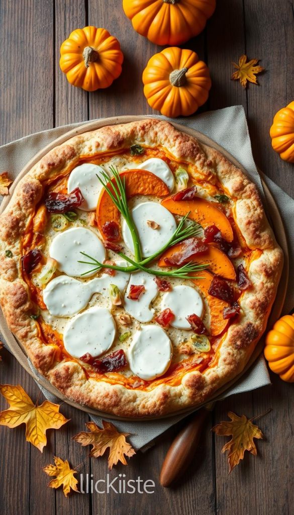 A beautifully styled flammkuchen on a rustic wooden table, topped with creamy white cheese, slices of vibrant orange pumpkin, fresh green leeks, and crispy pieces of bacon, or a vegetarian version with colorful vegetables. The flammkuchen is placed on a natural linen cloth, surrounded by autumn leaves, and small decorative pumpkins, conveying a warm and inviting atmosphere. The lighting is soft and warm, reminiscent of a cozy autumn day, creating a soothing ambiance. The image is shot from a slightly elevated angle, highlighting the textures of the ingredients and the golden crust of the flammkuchen. The background is softly blurred, adding a Pinterest-inspired aesthetic. Brand name "KlickKiste" subtly integrated into the scene.