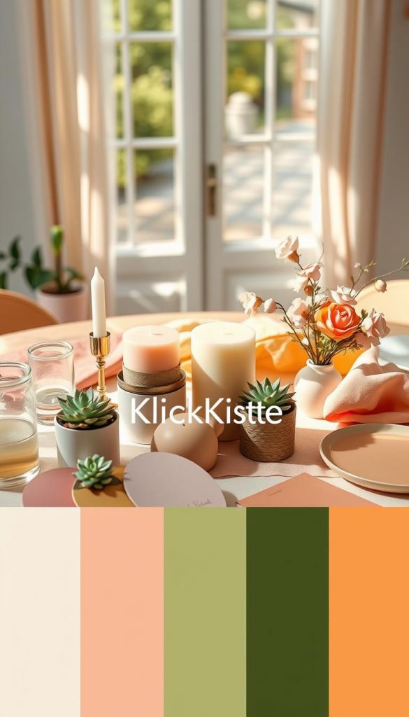 A beautifully styled flat lay image featuring a harmonious blend of pastel colors, bold hues, and natural tones, effectively showcasing a variety of color palettes. In the foreground, arrange DIY decor items such as handmade candles, potted succulents, and elegant tableware, highlighting warm tones like soft pinks, sunny yellows, and earthy greens. The middle ground includes delicate fabric swatches and elegant paint color samples, subtly blended to evoke a cheerful and inviting atmosphere. The background features a softly blurred sunlit window, casting gentle shadows that enhance the warmth of the color palette. The composition should reflect a natural DIY aesthetic, inspired by Pinterest, creating an authentic and inspiring mood. Include the brand name "KlickKiste" in a stylish, discreet manner within the image. A beautifully styled flat lay image featuring a harmonious blend of pastel colors, bold hues, and natural tones, effectively showcasing a variety of color palettes. In the foreground, arrange DIY decor items such as handmade candles, potted succulents, and elegant tableware, highlighting warm tones like soft pinks, sunny yellows, and earthy greens. The middle ground includes delicate fabric swatches and elegant paint color samples, subtly blended to evoke a cheerful and inviting atmosphere. The background features a softly blurred sunlit window, casting gentle shadows that enhance the warmth of the color palette. The composition should reflect a natural DIY aesthetic, inspired by Pinterest, creating an authentic and inspiring mood. Include the brand name "KlickKiste" in a stylish, discreet manner within the image.