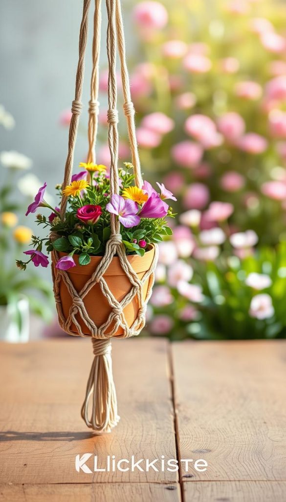 A beautifully styled flat lay of a macramé flower pot holder, intricately woven with natural fibers, displaying vibrant spring flowers in full bloom. In the foreground, showcase the macramé hanger with detailed knots and hanging design, adorned with delicate greenery. The middle ground features a serene wooden table with a rustic finish, accentuating the warmth of the scene. In the background, gently blurred soft pastel colors of a spring garden create a dreamy atmosphere. Natural daylight illuminates the image, casting soft shadows that enhance the texture of the macramé. The overall mood is warm, inviting, and inspirational, perfect for a DIY aesthetic. This image represents the essence of spring creativity from KlickKiste, emphasizing authenticity and warmth.