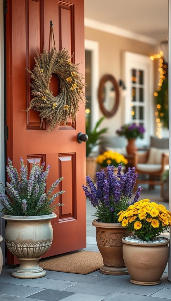 A beautifully styled front entrance featuring a diverse array of colors, textures, and materials that reflect contemporary trends. In the foreground, a charming wooden door painted in a warm terracotta hue is adorned with an elegant, textured wreath made of dried flowers and greenery. The middle ground showcases two complementary planters filled with vibrant flowers in hues of lavender and yellow, surrounded by pebbles for added texture. The background includes a soft-focus view of a welcoming porch decorated with cozy seating and fairy lights, casting a warm glow. The scene is lit by soft, natural sunlight, creating a peaceful and inviting atmosphere. The overall composition embodies an authentic Pinterest-inspired aesthetic that is both creative and inspirational, perfect for the brand "KlickKiste". A beautifully styled front entrance featuring a diverse array of colors, textures, and materials that reflect contemporary trends. In the foreground, a charming wooden door painted in a warm terracotta hue is adorned with an elegant, textured wreath made of dried flowers and greenery. The middle ground showcases two complementary planters filled with vibrant flowers in hues of lavender and yellow, surrounded by pebbles for added texture. The background includes a soft-focus view of a welcoming porch decorated with cozy seating and fairy lights, casting a warm glow. The scene is lit by soft, natural sunlight, creating a peaceful and inviting atmosphere. The overall composition embodies an authentic Pinterest-inspired aesthetic that is both creative and inspirational, perfect for the brand "KlickKiste".