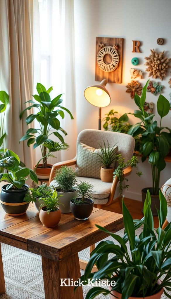 A beautifully styled home office interior featuring upcycled furniture and abundant greenery, all designed with a Pinterest-inspired aesthetic. In the foreground, a sturdy table made from reclaimed wood holds various plants in unique planters, reflecting an eco-friendly ethos. The middle layer showcases a comfortable chair upholstered in sustainable fabric, paired with a vintage lamp casting warm, inviting light. The background highlights a wall adorned with DIY art made from recycled materials, creating an inspiring atmosphere. Natural light filters through a window adorned with soft curtains, enhancing the warmth of the scene. Overall, the image conveys a cozy, creative workspace infused with sustainable ideals, branded subtly with "KlickKiste."