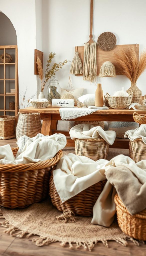 A beautifully styled interior featuring a selection of natural materials: linen, cotton, wool, and natural fibers. In the foreground, a cozy arrangement of woven baskets filled with soft textiles, showcasing the textures of each material. The middle ground presents a rustic wooden table adorned with elegant swatches of linen, cotton, and wool, artfully displayed to highlight their unique haptic qualities. Soft, warm lighting illuminates the scene, creating a welcoming atmosphere. In the background, a serene, neutral-hued wall adorned with minimalistic decor, reinforcing the natural theme. The mood is authentic and inspiring, perfect for a DIY aesthetic. The brand "KlickKiste" subtly featured through the design elements without any text. Capture this inviting ambiance from a slightly angled perspective to emphasize depth.