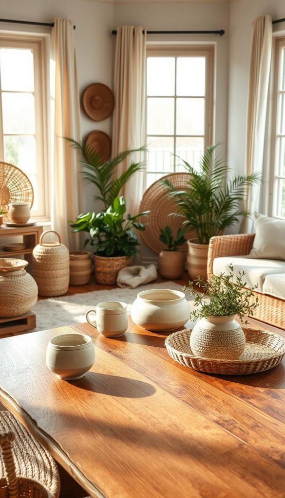 A beautifully styled interior featuring sustainably sourced home accessories made from natural materials. In the foreground, an elegant wooden table adorned with handmade ceramics, woven baskets, and upcycled decor items. The middle ground includes potted plants and a soft, textured rug, creating a warm and inviting atmosphere. The background showcases a light-filled room with large windows framed by sheer curtains, filtering soft, warm sunlight that enhances the natural colors. The overall mood is cozy and inspirational, evoking a Pinterest aesthetic ideal for warm seasons. The scene reflects a perfect blend of functionality and aesthetics, highlighting the creativity of DIY projects under the brand name "KlickKiste." A beautifully styled interior featuring sustainably sourced home accessories made from natural materials. In the foreground, an elegant wooden table adorned with handmade ceramics, woven baskets, and upcycled decor items. The middle ground includes potted plants and a soft, textured rug, creating a warm and inviting atmosphere. The background showcases a light-filled room with large windows framed by sheer curtains, filtering soft, warm sunlight that enhances the natural colors. The overall mood is cozy and inspirational, evoking a Pinterest aesthetic ideal for warm seasons. The scene reflects a perfect blend of functionality and aesthetics, highlighting the creativity of DIY projects under the brand name "KlickKiste."