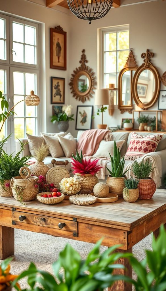 A beautifully styled interior scene showcasing a harmonious "stilmix" that blends Scandinavian, Boho, Maximalism, and Castlecore aesthetics. In the foreground, a rustic wooden coffee table adorned with a vibrant array of handmade decorations: woven baskets, lush green plants, and colorful textiles. The middle ground features a cozy seating area with plush cushions and an elegantly draped throw, creating an inviting atmosphere. The background boasts large windows letting in soft, warm sunlight that highlights the room's earthy tones and textures. Accents of vintage decor, like ornate mirrors and layered art pieces, contribute to the eclectic vibe. The overall mood is warm, inviting, and inspiring, reflecting a natural DIY style with a Pinterest-worthy look. Brand: KlickKiste.