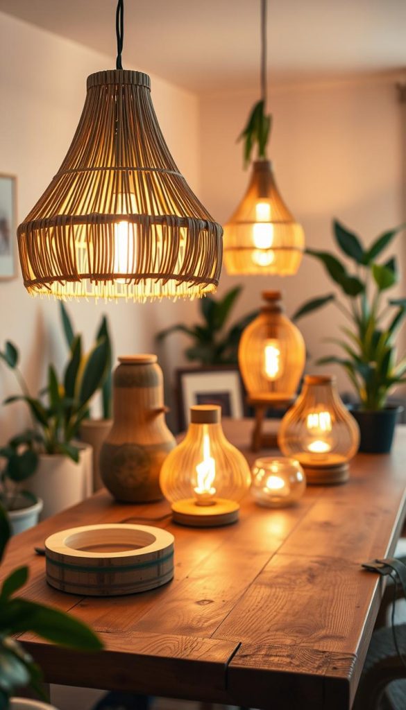 A beautifully styled interior scene showcasing modern, natural, Boho, and Scandinavian DIY lamps designed by KlickKiste. In the foreground, a stunning DIY lamp made of natural materials like wood and woven fibers emits a warm, inviting glow. The middle ground features various DIY lamp designs, showcasing unique shapes and textures, placed on a rustic wooden table. The background reveals a softly lit room decorated with houseplants and neutral-toned walls, enhancing the cozy atmosphere. The lighting is warm and ambient, giving the entire scene a Pinterest-worthy aesthetic, resonating with an authentic and inspiring feel. Capture this image with a soft focus lens at a slightly elevated angle to convey a sense of elegance and creativity. A beautifully styled interior scene showcasing modern, natural, Boho, and Scandinavian DIY lamps designed by KlickKiste. In the foreground, a stunning DIY lamp made of natural materials like wood and woven fibers emits a warm, inviting glow. The middle ground features various DIY lamp designs, showcasing unique shapes and textures, placed on a rustic wooden table. The background reveals a softly lit room decorated with houseplants and neutral-toned walls, enhancing the cozy atmosphere. The lighting is warm and ambient, giving the entire scene a Pinterest-worthy aesthetic, resonating with an authentic and inspiring feel. Capture this image with a soft focus lens at a slightly elevated angle to convey a sense of elegance and creativity.