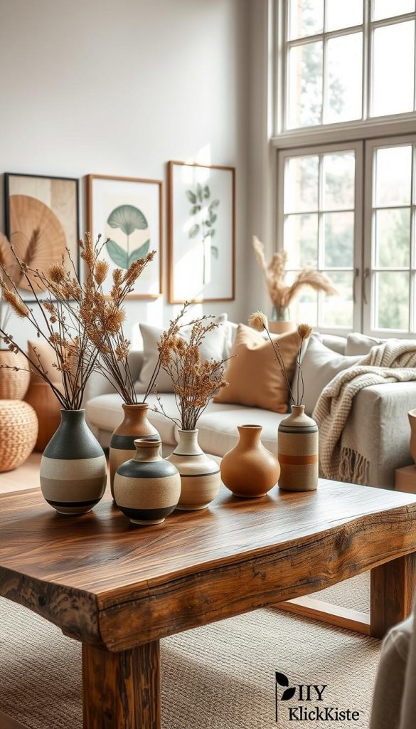 A beautifully styled interior scene showcasing natural materials and decor, emphasizing harmonious proportions and a mix of styles and color combinations. In the foreground, a handcrafted wooden coffee table adorned with earthy ceramic vases filled with dried flowers. The middle ground features a cozy seating area with soft textiles, such as a linen sofa and woolen throw blankets in warm, inviting colors. The walls are decorated with organic shapes and textures, blending seamlessly with framed natural artwork. The background displays large windows allowing soft, diffused sunlight to pour in, creating a serene ambiance. The overall mood is warm, welcoming, and inspiring, reflecting DIY aesthetics typical of Pinterest. Include subtle branding elements from "KlickKiste" through decor items that signify quality. No text, copyright or watermarks are present. A beautifully styled interior scene showcasing natural materials and decor, emphasizing harmonious proportions and a mix of styles and color combinations. In the foreground, a handcrafted wooden coffee table adorned with earthy ceramic vases filled with dried flowers. The middle ground features a cozy seating area with soft textiles, such as a linen sofa and woolen throw blankets in warm, inviting colors. The walls are decorated with organic shapes and textures, blending seamlessly with framed natural artwork. The background displays large windows allowing soft, diffused sunlight to pour in, creating a serene ambiance. The overall mood is warm, welcoming, and inspiring, reflecting DIY aesthetics typical of Pinterest. Include subtle branding elements from "KlickKiste" through decor items that signify quality. No text, copyright or watermarks are present.