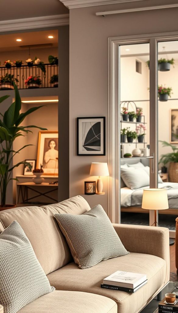 A beautifully styled interior showcase that embodies "Wohnideen nach Raum" with a warm, inviting atmosphere. In the foreground, a cozy living room featuring a plush sofa adorned with textured pillows, a stylish coffee table with decorative books, and a vibrant indoor plant. The middle section includes a serene bedroom with soft linens, a sleek nightstand with a modern lamp, and framed artwork on the walls. In the background, glimpse a chic kitchen with ambient lighting, showcasing elegant decor. A charming balcony filled with potted flowers, creating an inviting outdoor escape. The overall mood is elegant and inspiring, with natural DIY elements and soft, warm color tones reminiscent of a Pinterest aesthetic. Capture the essence of luxury decor that is affordable, branded as "KlickKiste," with gentle lighting highlighting each space. A beautifully styled interior showcase that embodies "Wohnideen nach Raum" with a warm, inviting atmosphere. In the foreground, a cozy living room featuring a plush sofa adorned with textured pillows, a stylish coffee table with decorative books, and a vibrant indoor plant. The middle section includes a serene bedroom with soft linens, a sleek nightstand with a modern lamp, and framed artwork on the walls. In the background, glimpse a chic kitchen with ambient lighting, showcasing elegant decor. A charming balcony filled with potted flowers, creating an inviting outdoor escape. The overall mood is elegant and inspiring, with natural DIY elements and soft, warm color tones reminiscent of a Pinterest aesthetic. Capture the essence of luxury decor that is affordable, branded as "KlickKiste," with gentle lighting highlighting each space.