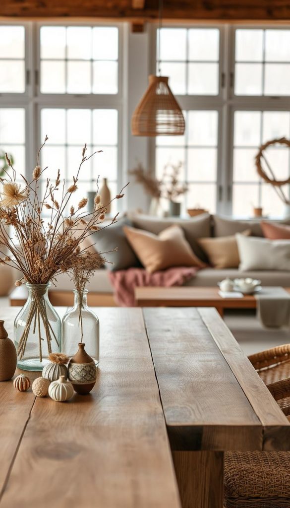 A beautifully styled interior showcasing a "Stil Galerie Deko" theme, blending modern, natural, Boho, and Scandinavian elements. In the foreground, an elegant wooden table adorned with seasonal decorations in warm, earthy tones. Stylish vases with dried flowers and hand-crafted ornaments create a cozy and inviting atmosphere. The middle ground features a comfortable seating area with plush cushions in soft fabrics, layered in a harmonious color palette. In the background, large windows let in soft, diffused natural light, enhancing the warm ambiance. The overall composition should evoke a sense of inspiration and authenticity, perfect for a DIY aesthetic. The brand name "KlickKiste" should be subtly represented through the decor. The image should be softly lit, captured from a slight angle to add depth.