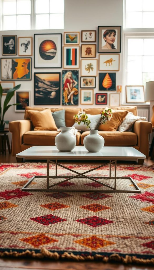A beautifully styled interior showcasing a harmonious blend of colors and textures, featuring a cozy living space with a stylish mix of decor elements. In the foreground, a textured rug with vibrant color patterns lies beneath a chic, modern coffee table adorned with a minimalistic ceramic vase holding fresh flowers. The middle ground captures a plush sofa in a warm, inviting tone, surrounded by an eclectic array of cushions in complementary colors. The background reveals soft, diffused natural light streaming through large windows, illuminating a gallery wall filled with art that embodies a personality-driven design. The atmosphere is warm and inviting, evoking a sense of home and individuality. This scene is inspired by “KlickKiste,” capturing the essence of timeless living trends with a DIY aesthetic, reflecting warmth and inspiration. A beautifully styled interior showcasing a harmonious blend of colors and textures, featuring a cozy living space with a stylish mix of decor elements. In the foreground, a textured rug with vibrant color patterns lies beneath a chic, modern coffee table adorned with a minimalistic ceramic vase holding fresh flowers. The middle ground captures a plush sofa in a warm, inviting tone, surrounded by an eclectic array of cushions in complementary colors. The background reveals soft, diffused natural light streaming through large windows, illuminating a gallery wall filled with art that embodies a personality-driven design. The atmosphere is warm and inviting, evoking a sense of home and individuality. This scene is inspired by “KlickKiste,” capturing the essence of timeless living trends with a DIY aesthetic, reflecting warmth and inspiration.