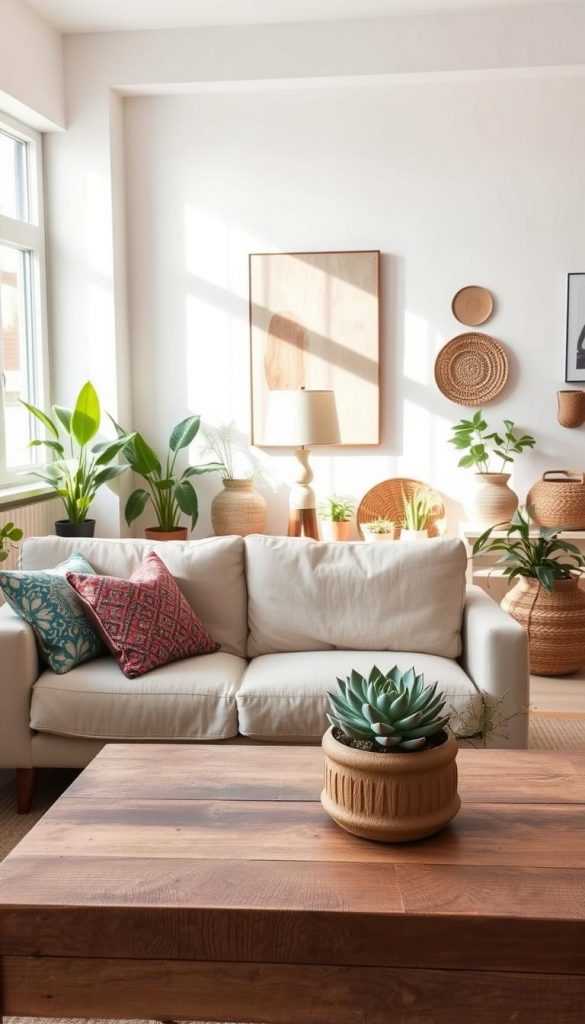 A beautifully styled interior space blending modern, natural, Boho, and Scandinavian elements. In the foreground, a cozy seating area with a plush, neutral-toned sofa adorned with vibrant, patterned throw pillows. A reclaimed wood coffee table holds a succulent centerpiece in a handmade pot. The middle ground features various upcycled decor items, such as a vintage lamp and woven baskets, creatively arranged against a soft, inviting backdrop of light, earthy-toned wall art. Sunlight pours in through large windows, illuminating the scene with warm, golden hues. Plants in ceramic and wicker pots add a touch of greenery, enhancing the natural atmosphere. The overall mood is authentic and inspiring, perfectly capturing the spirit of upcycling. This image embodies the essence of "KlickKiste," showcasing treasures made from waste with a Pinterest-inspired aesthetic. A beautifully styled interior space blending modern, natural, Boho, and Scandinavian elements. In the foreground, a cozy seating area with a plush, neutral-toned sofa adorned with vibrant, patterned throw pillows. A reclaimed wood coffee table holds a succulent centerpiece in a handmade pot. The middle ground features various upcycled decor items, such as a vintage lamp and woven baskets, creatively arranged against a soft, inviting backdrop of light, earthy-toned wall art. Sunlight pours in through large windows, illuminating the scene with warm, golden hues. Plants in ceramic and wicker pots add a touch of greenery, enhancing the natural atmosphere. The overall mood is authentic and inspiring, perfectly capturing the spirit of upcycling. This image embodies the essence of "KlickKiste," showcasing treasures made from waste with a Pinterest-inspired aesthetic.